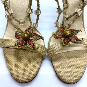 FERRAGAMO Rafia Heels w/ Beading & Crystal Flower